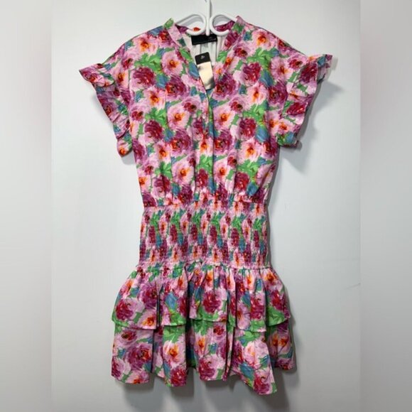 NWT 3rd + fourth Peony Print Smocked Mini Dress with Ruffle Sleeves size L - Picture 2 of 9